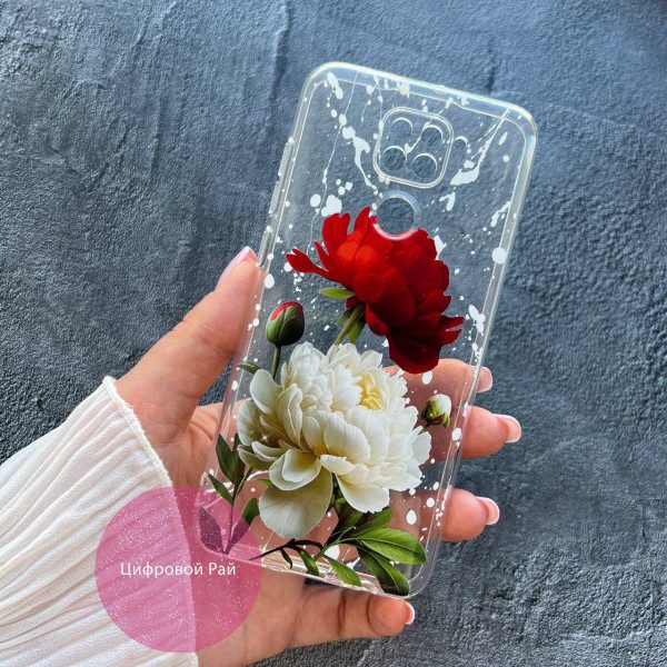 Чехол для Xiaomi Redmi Note 9 / Redmi 10X красно-белые пионы противоударный прозрачный силиконовый чехол