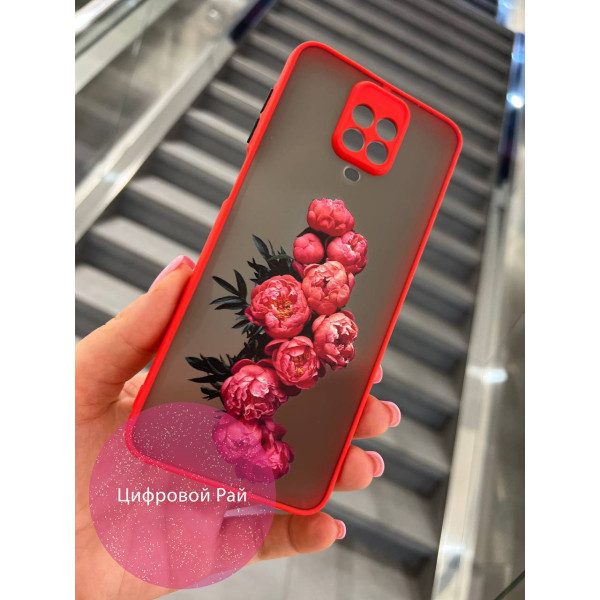 Чехол для Xiaomi Redmi Note 9s / Note 9 Pro / Note 9 Pro Max чехол с пионами красный бортик