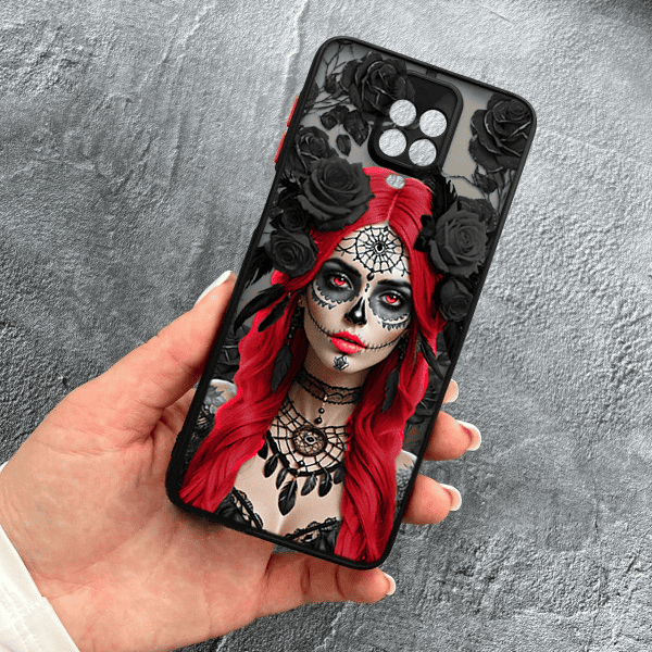 Чехол для Xiaomi Redmi Note 9s / Note 9 Pro / Note 9 Pro Max с защитой камеры девушка Санта-Муэрте в розах